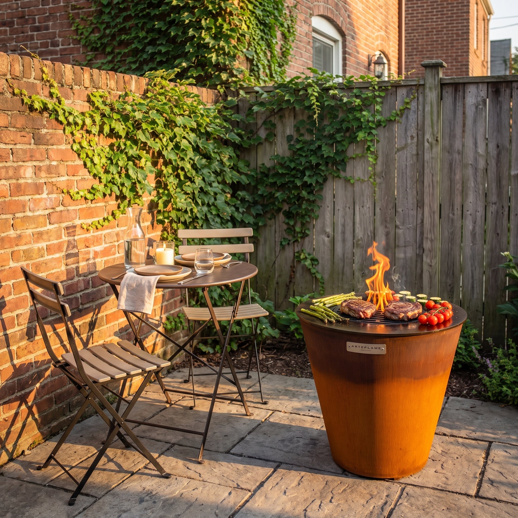 Arteflame ONE20 grill tucked into the corner of a small brick-walled townhouse patio next to a bistro table set for two